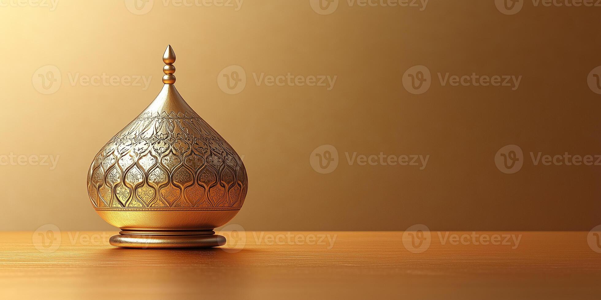 Golden ornate lid representing ramadan traditions on wooden surface copy space photo