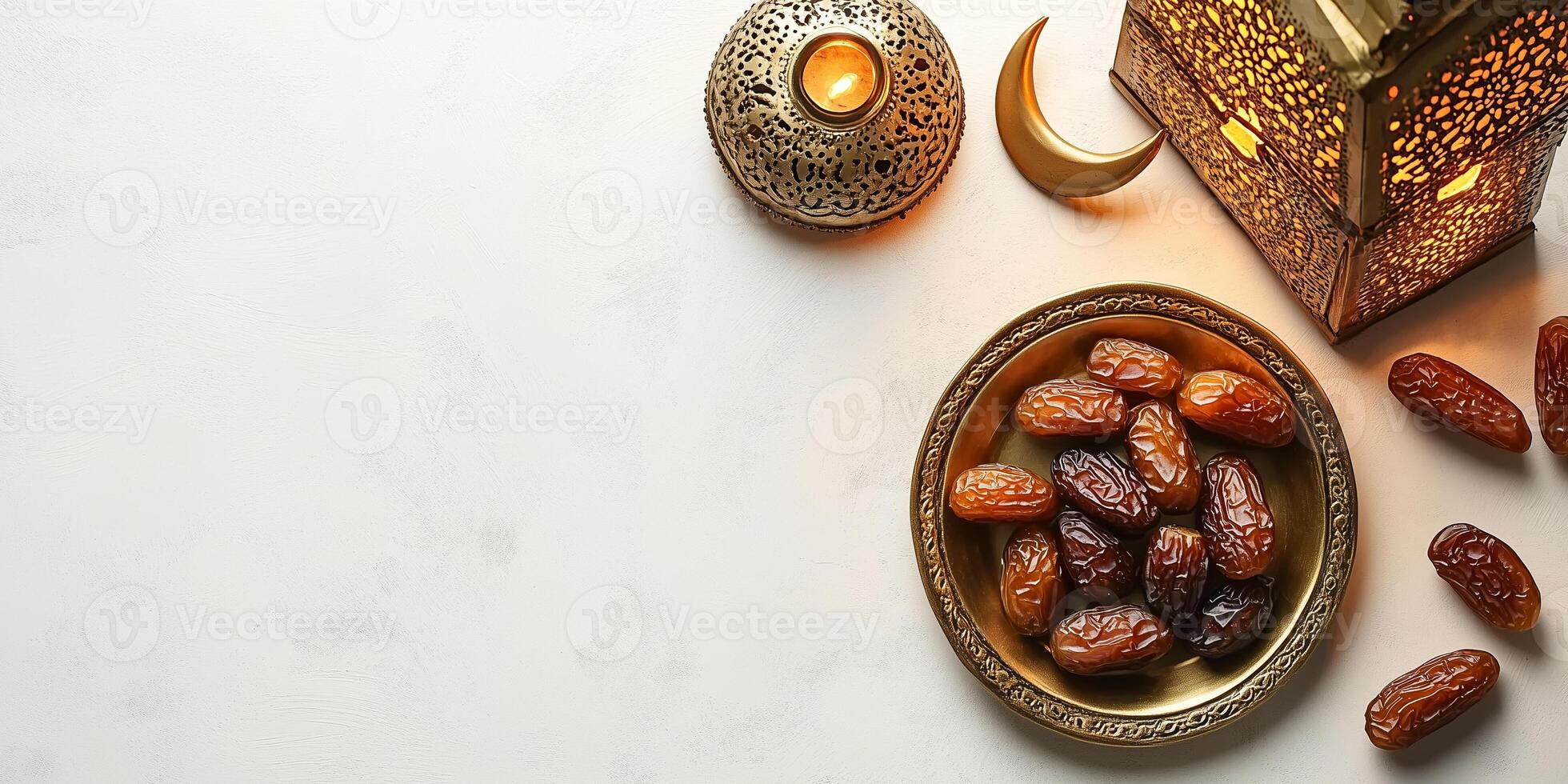 Ramadan kareem golden decoration with dates fruits, lantern, and candle holder illuminating white background copy space photo