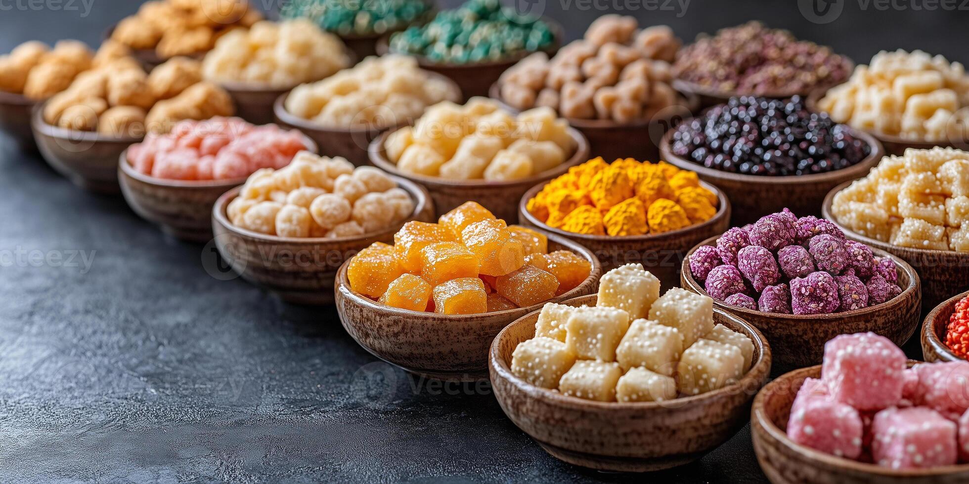 Colorful traditional indian sweets celebrating holi festival copy space photo