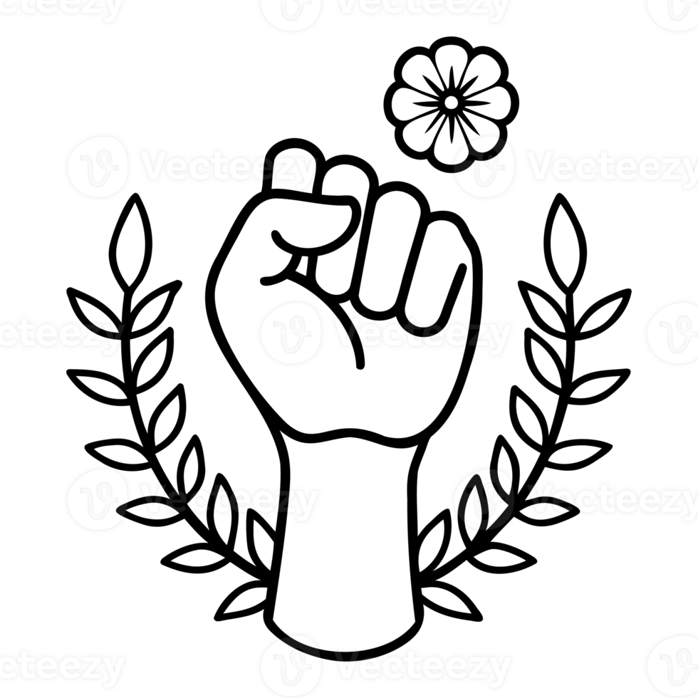 March Eight International Women's Day Illustration with Raised Fist, Laurel Branches, and Flower png