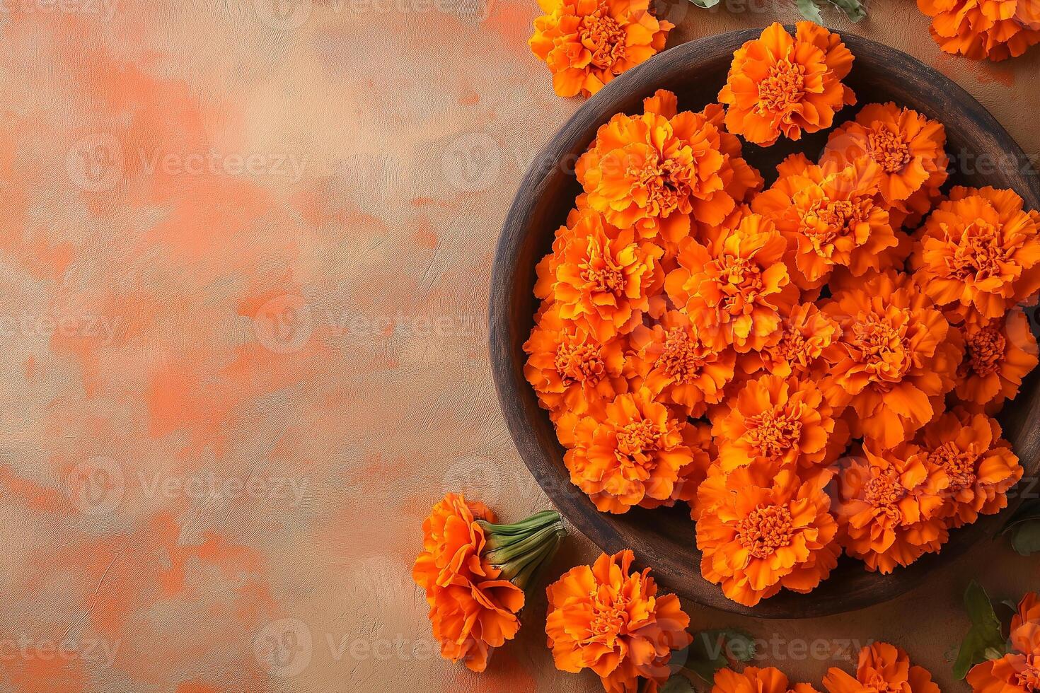 Marigold flowers in a wooden bowl on a rustic background, symbolizing Indian traditions and cultural celebrations photo