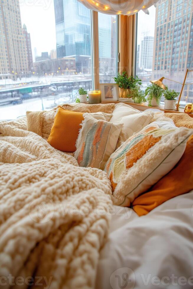 A bed with pillows and blankets in front of a window photo