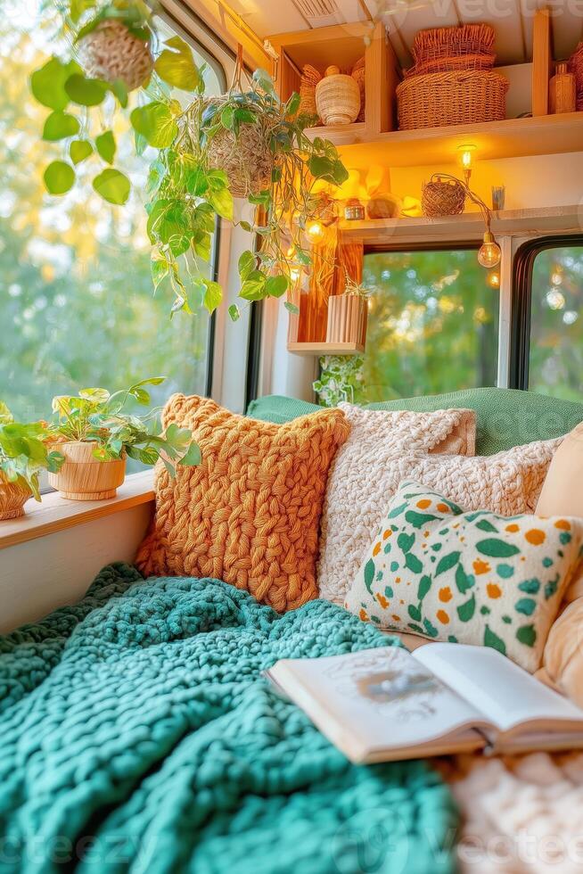 A bed with pillows and books on the window sill photo