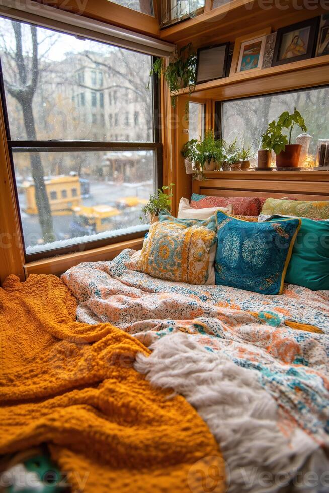 A bed with a blanket and pillows under a window photo