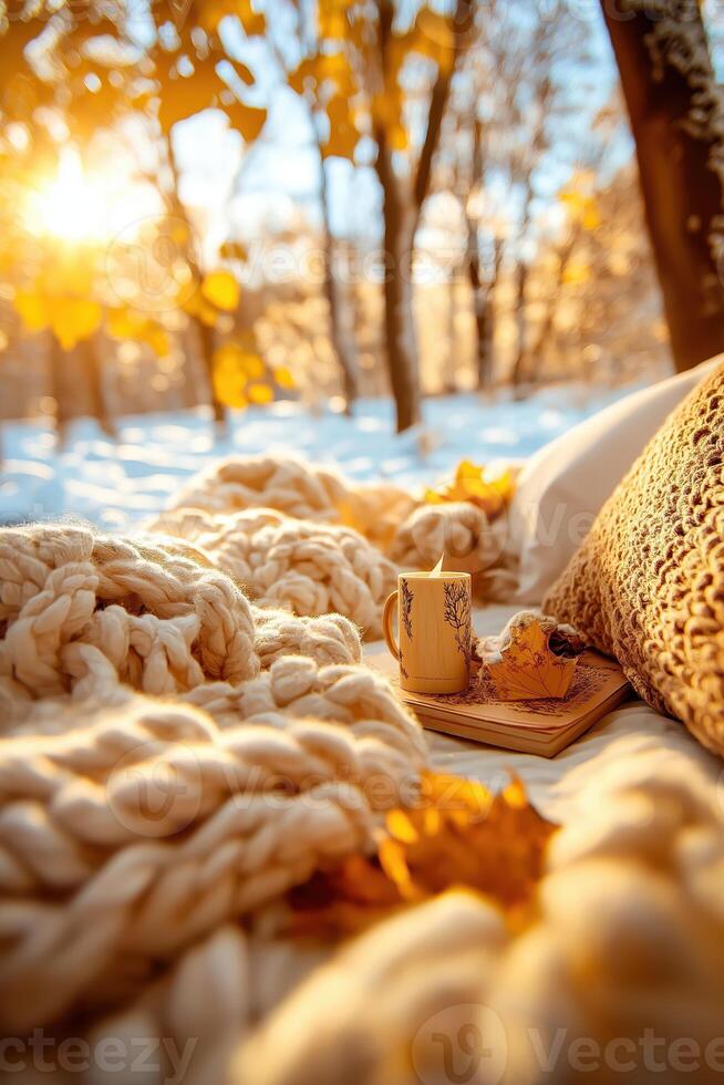 A blanket and coffee cup are on a blanket in the snow photo