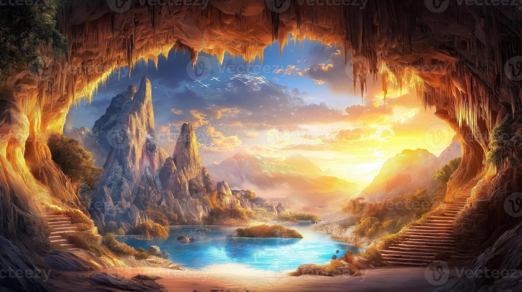 An image of a cave with a river and mountains photo