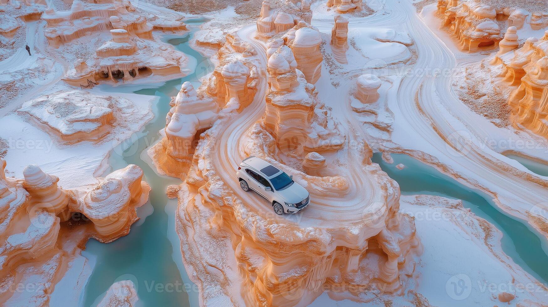 An aerial view of a car driving through a canyon photo