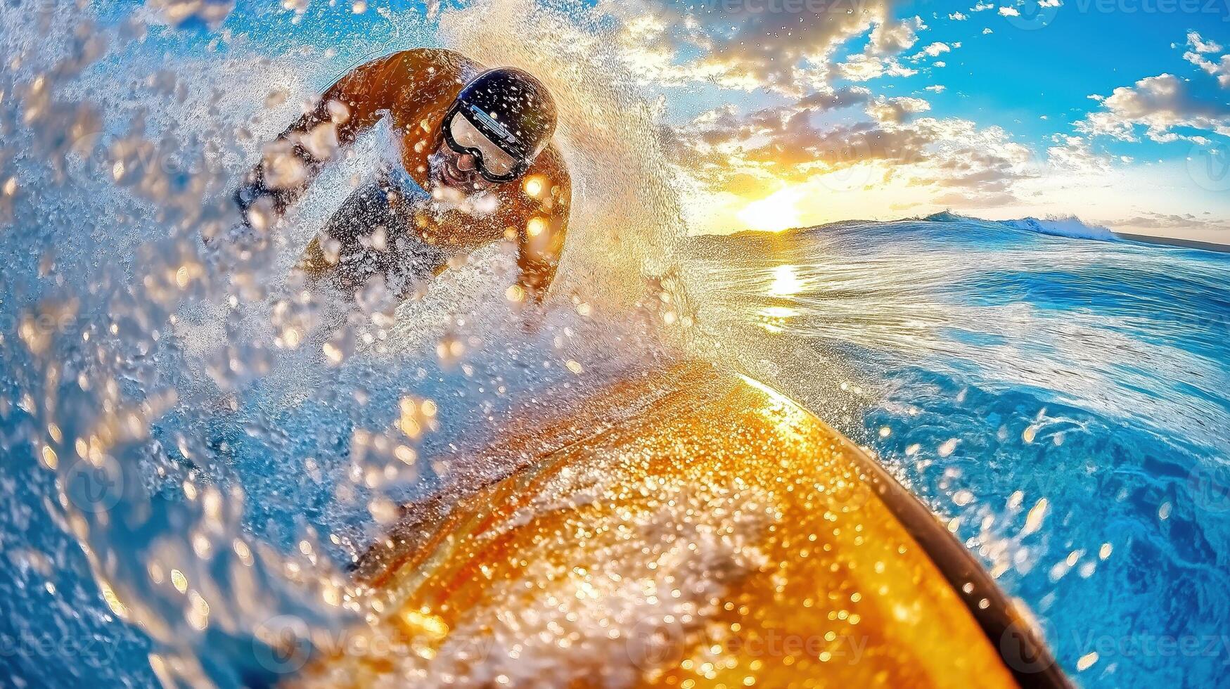 A surfer riding a wave at sunset photo