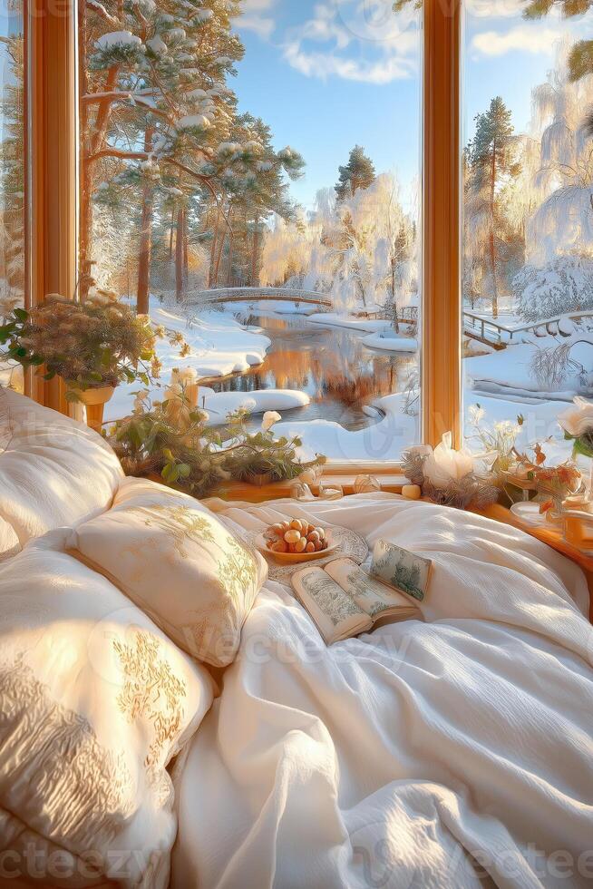 A bed with white sheets and pillows is in front of a window with a view of a photo