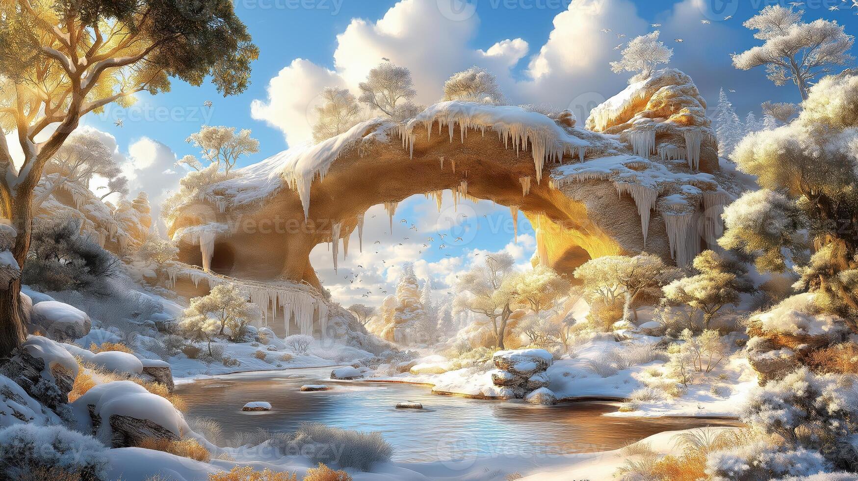 Winter landscape with a bridge and trees photo