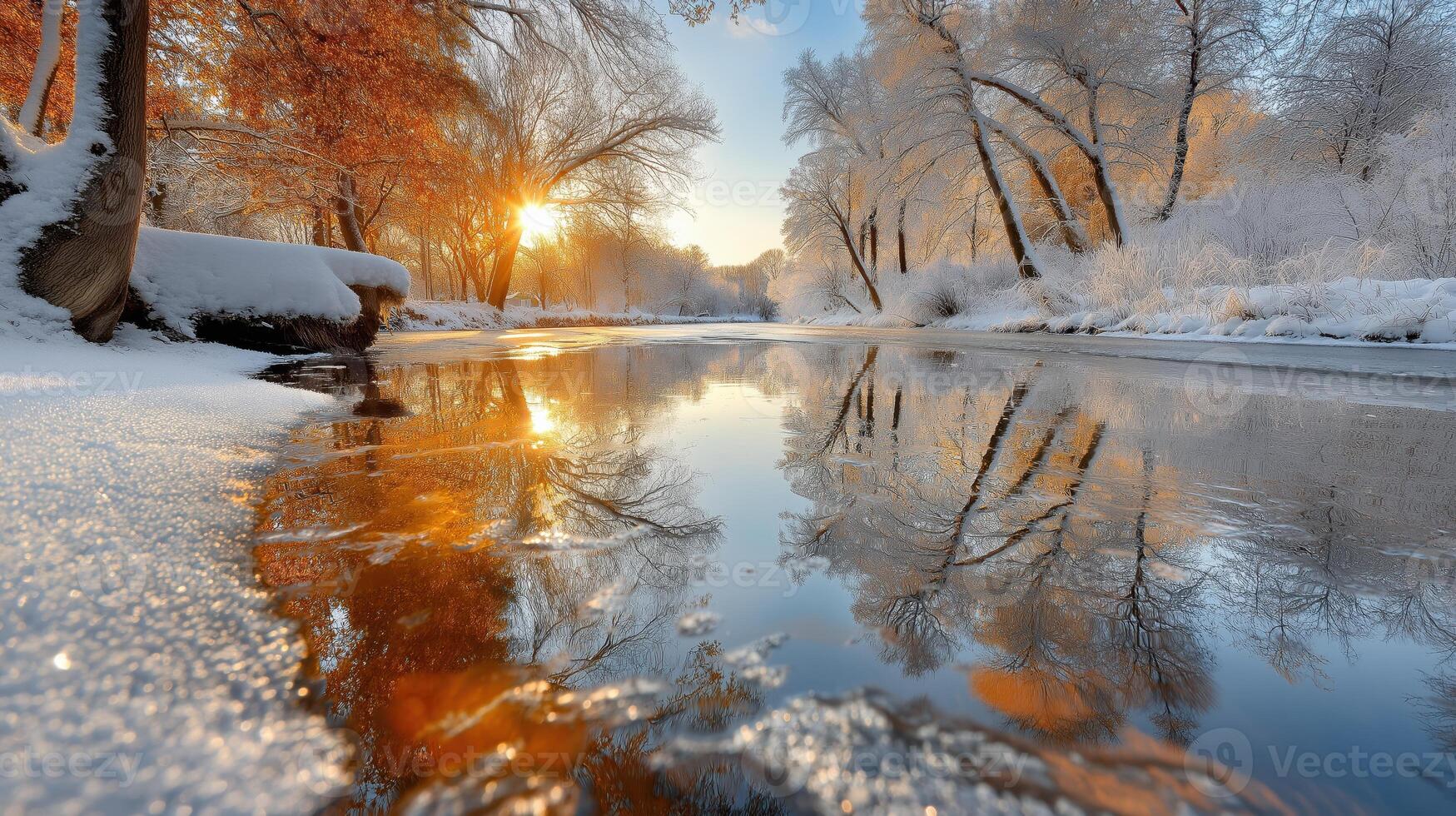 Winter landscape with snow covered trees and river photo