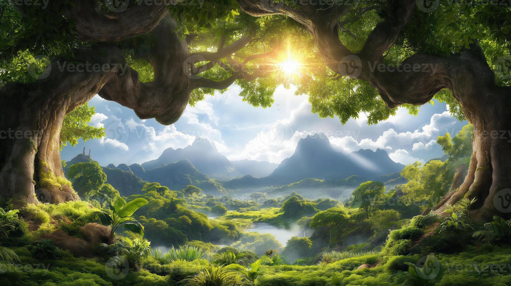 A forest scene with trees and a sun shining through photo