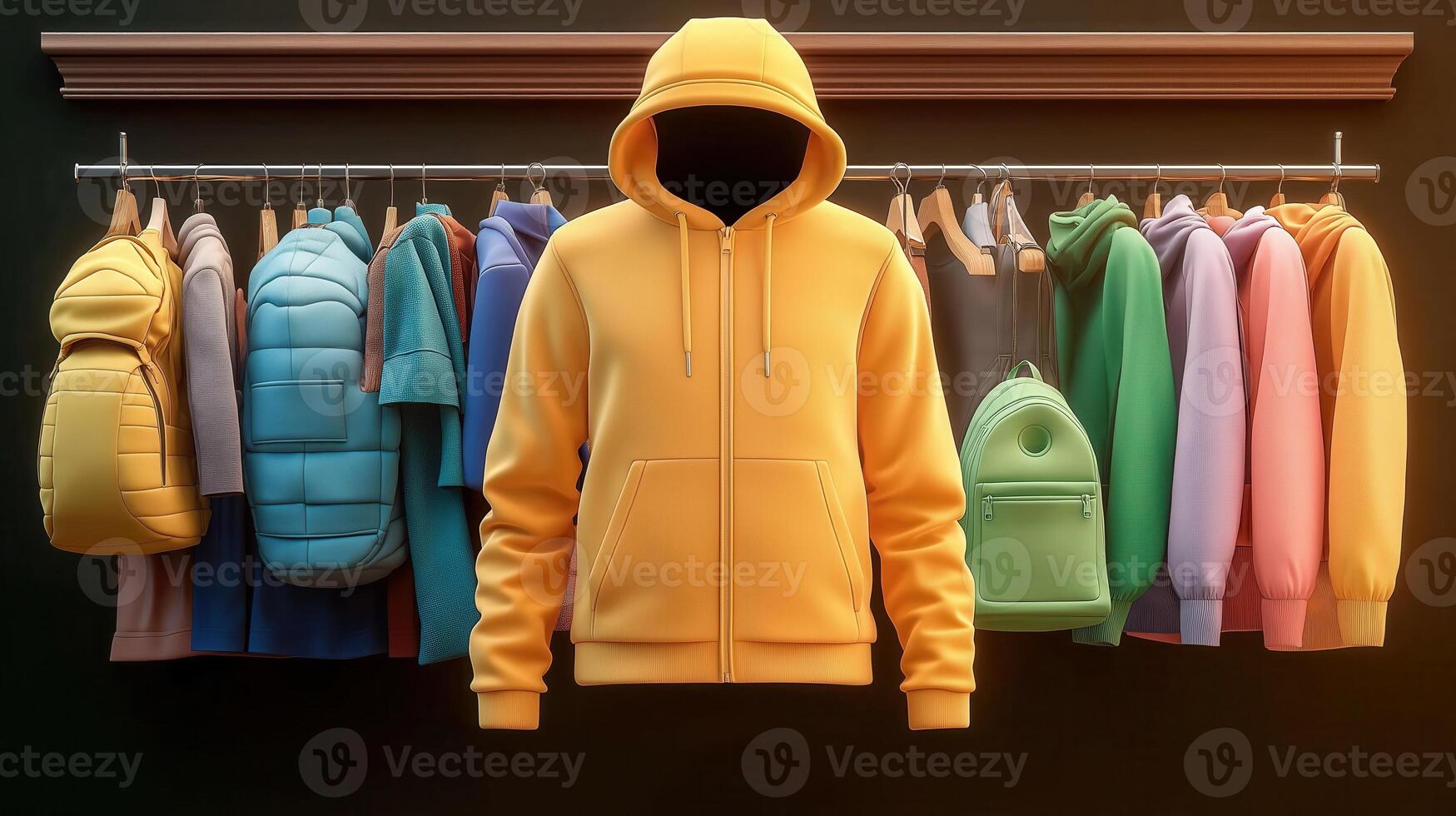 A hoodie is hanging on a rack with a variety of clothes photo