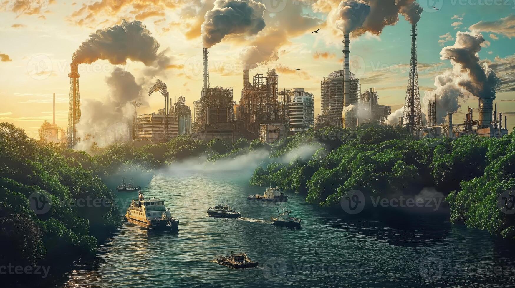 A city with factories and smoke stacks photo