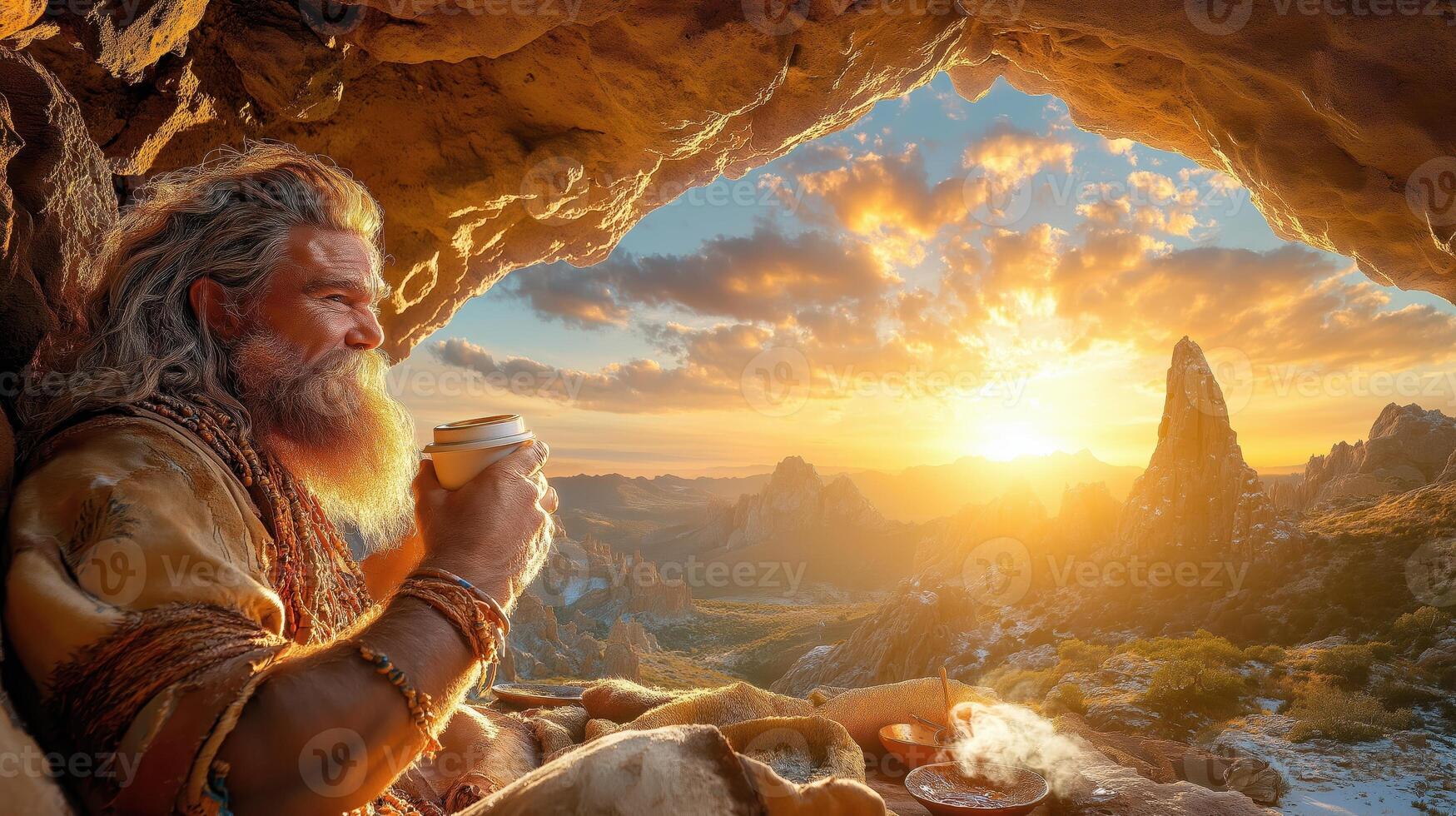 An old man sitting in a cave with a cup of coffee photo