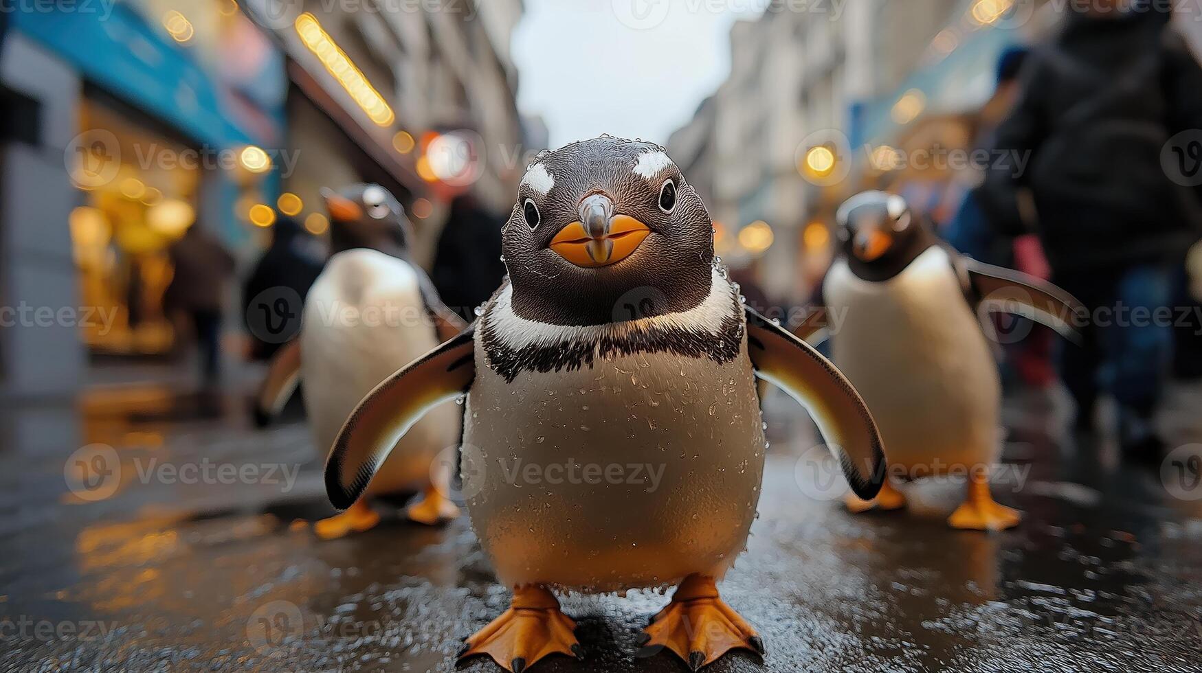 A group of penguins walking down a street photo