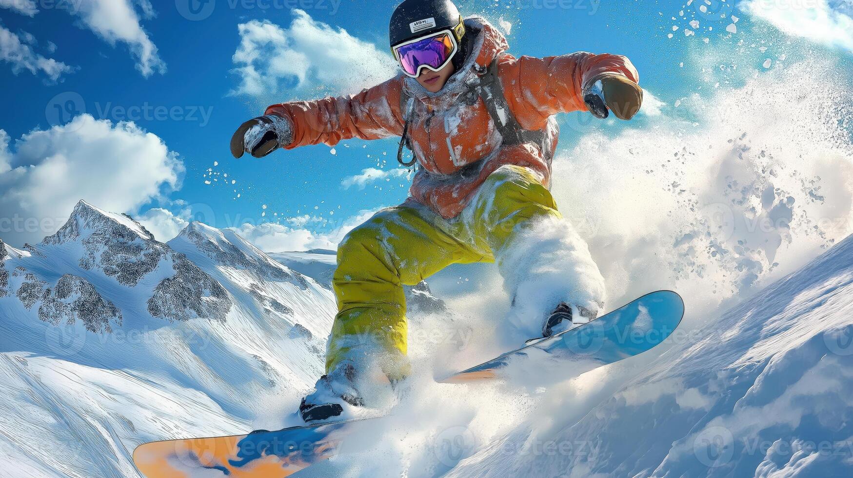 A snowboarder is going down a mountain slope photo