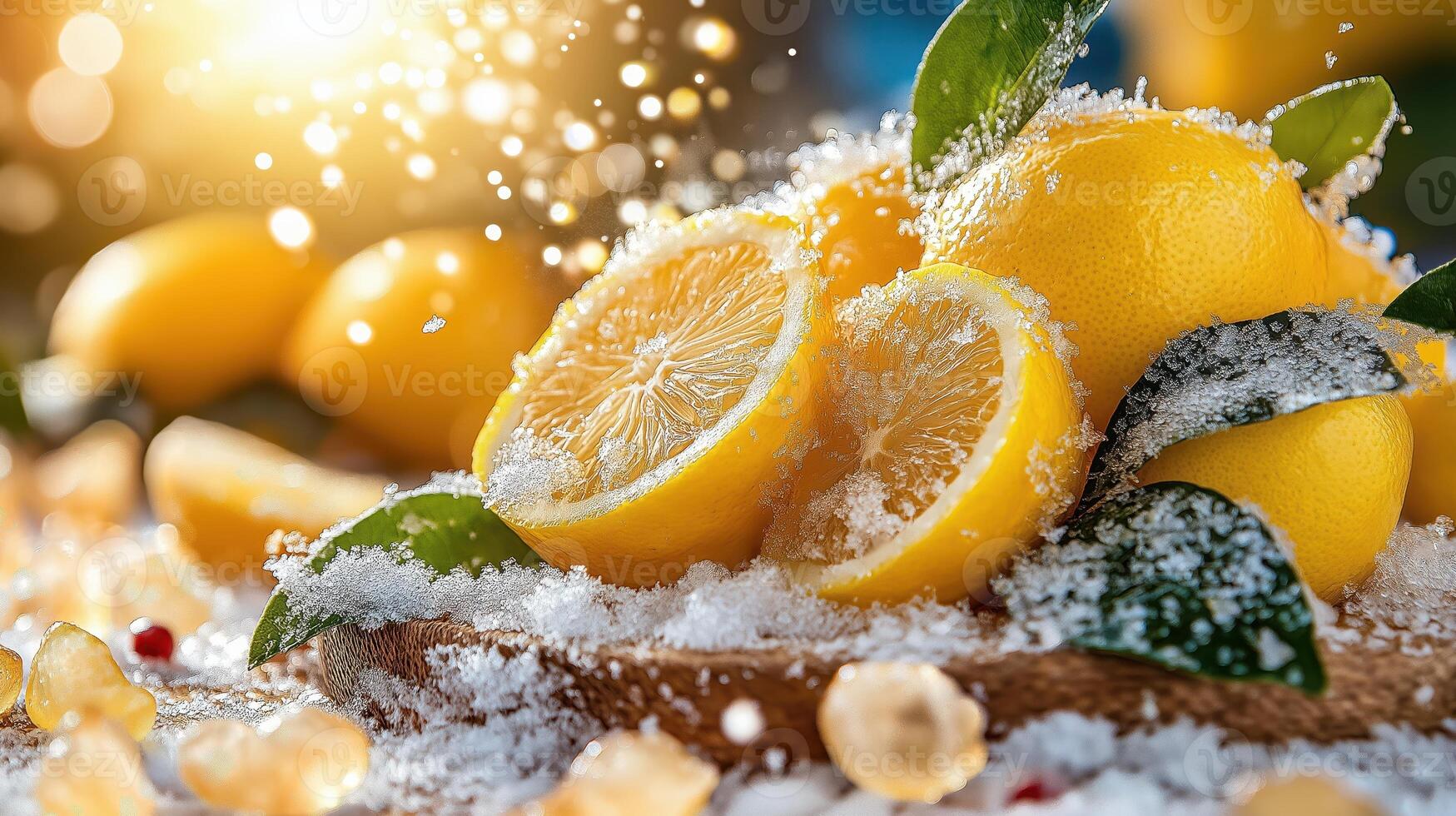Lemon and sugar on a table with snow photo