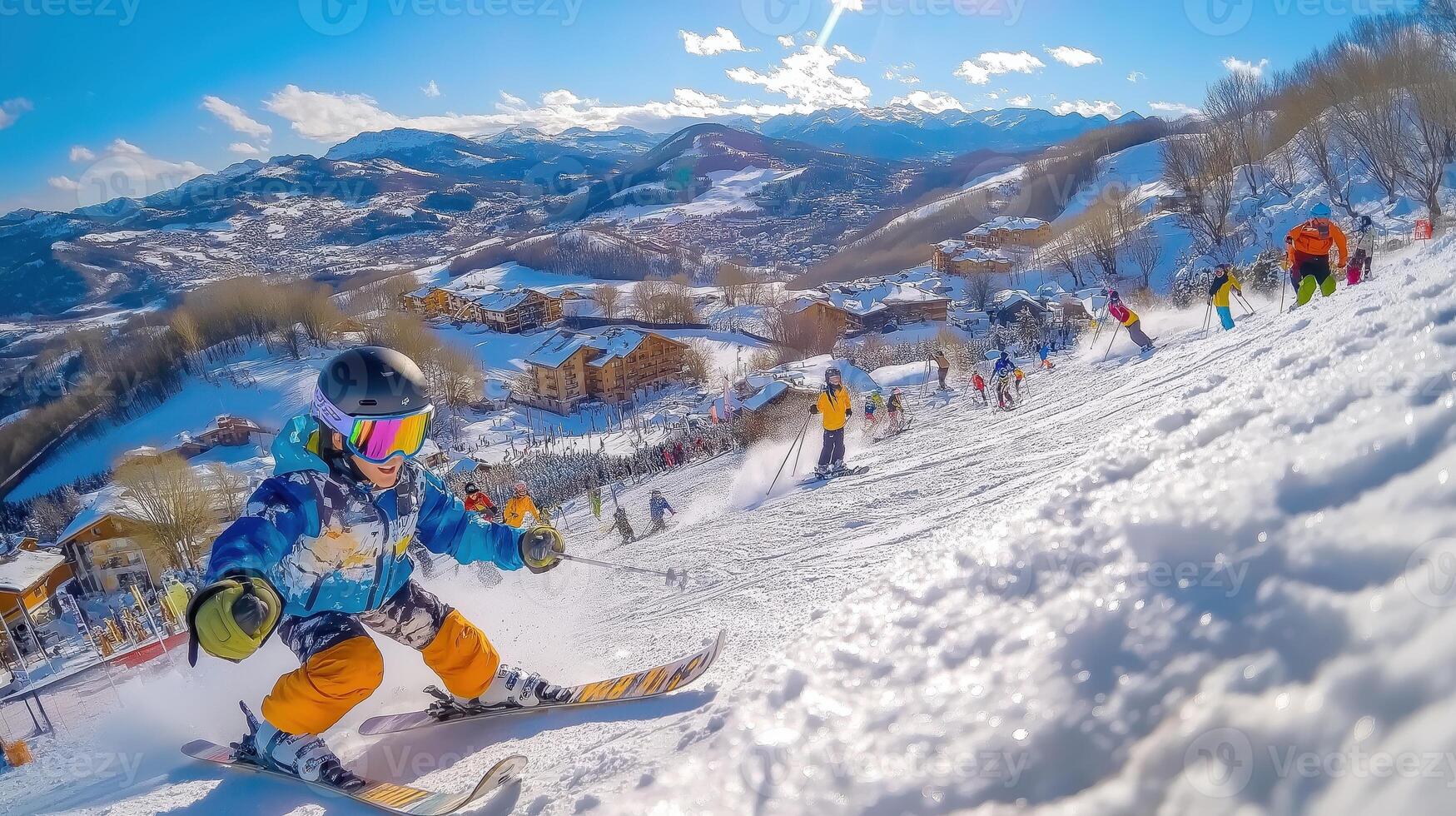 A child skiing down a snowy slope photo