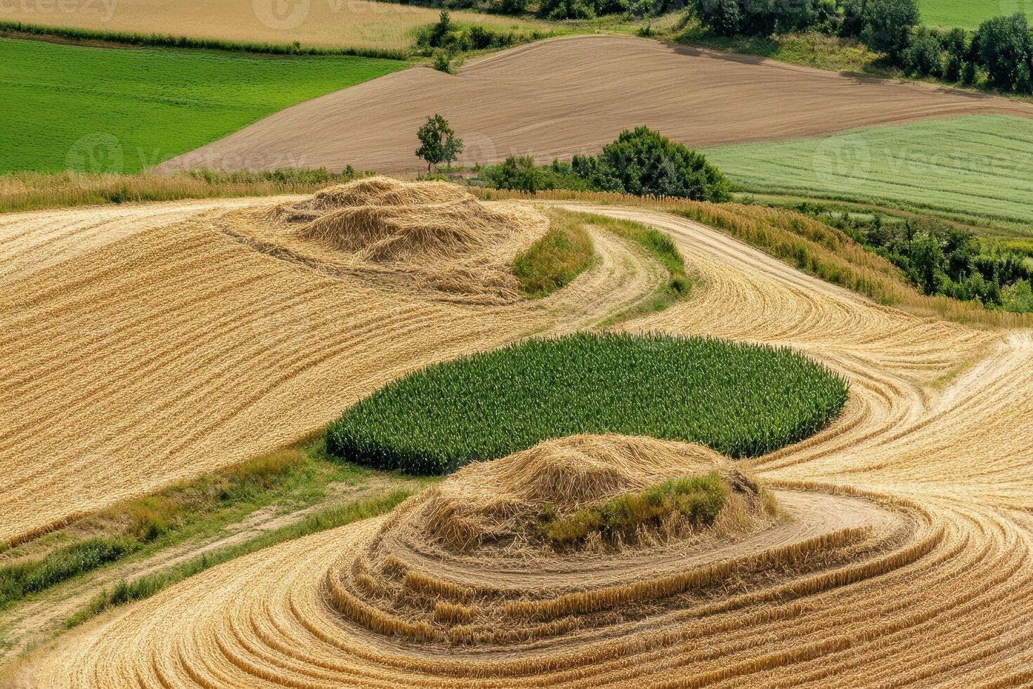 A field with a large mound of wheat photo