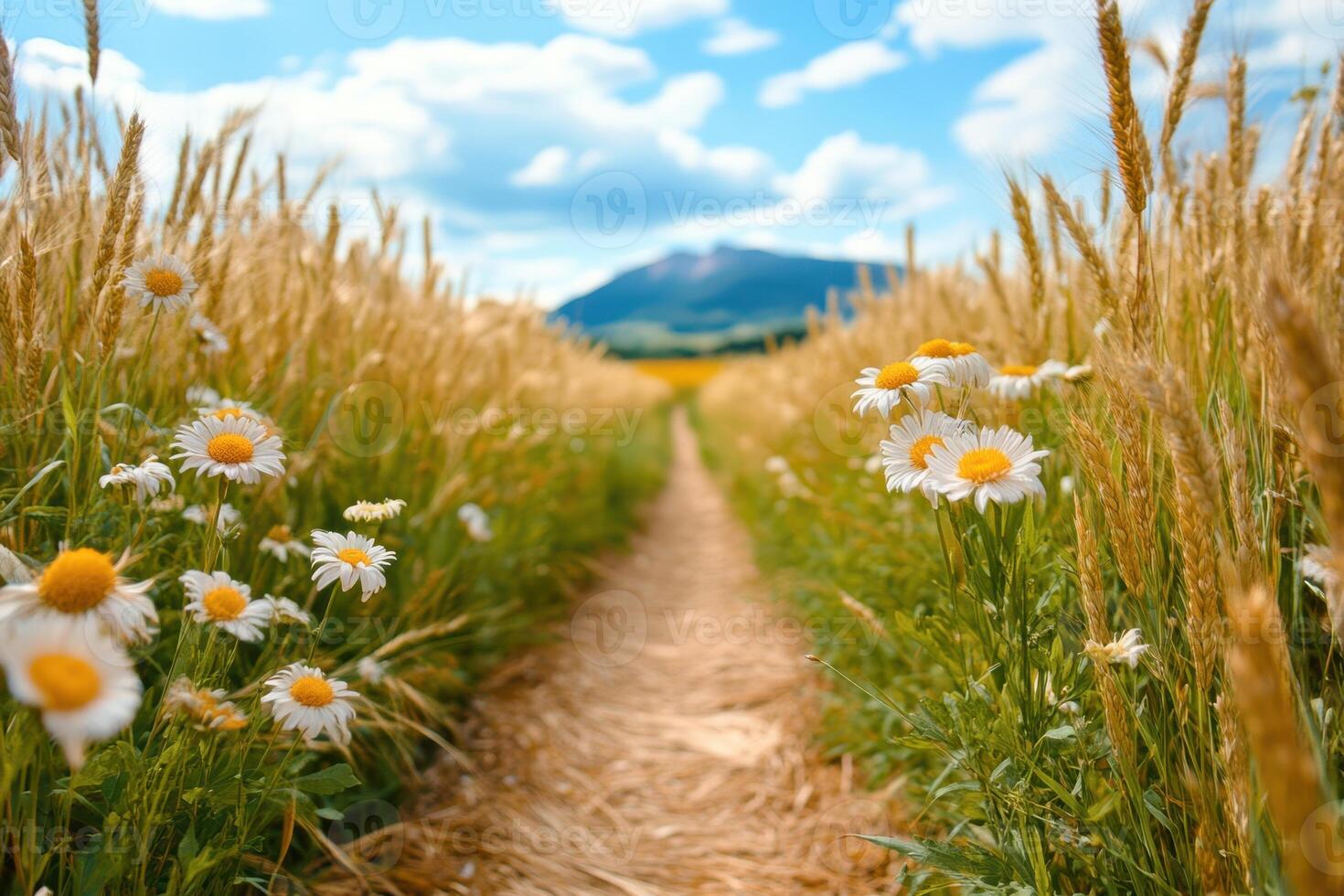 Daisies in a field with a path photo