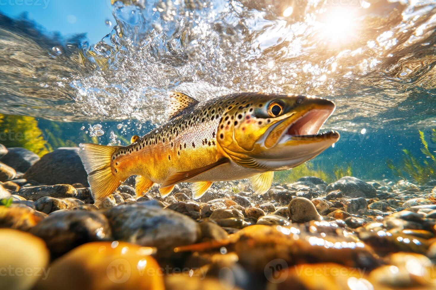 A brown trout is swimming in the water photo