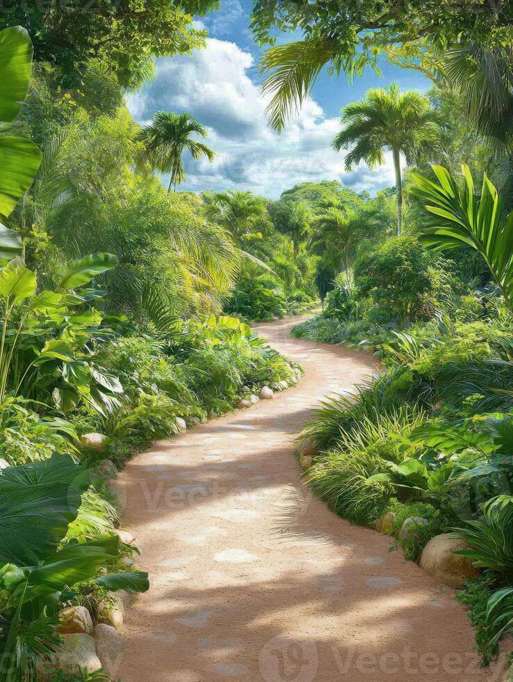 A path through a tropical jungle with lush plants and trees photo