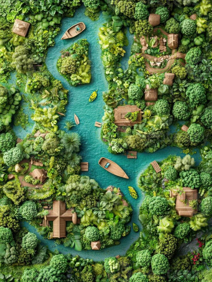 An aerial view of a tropical island with houses and trees photo