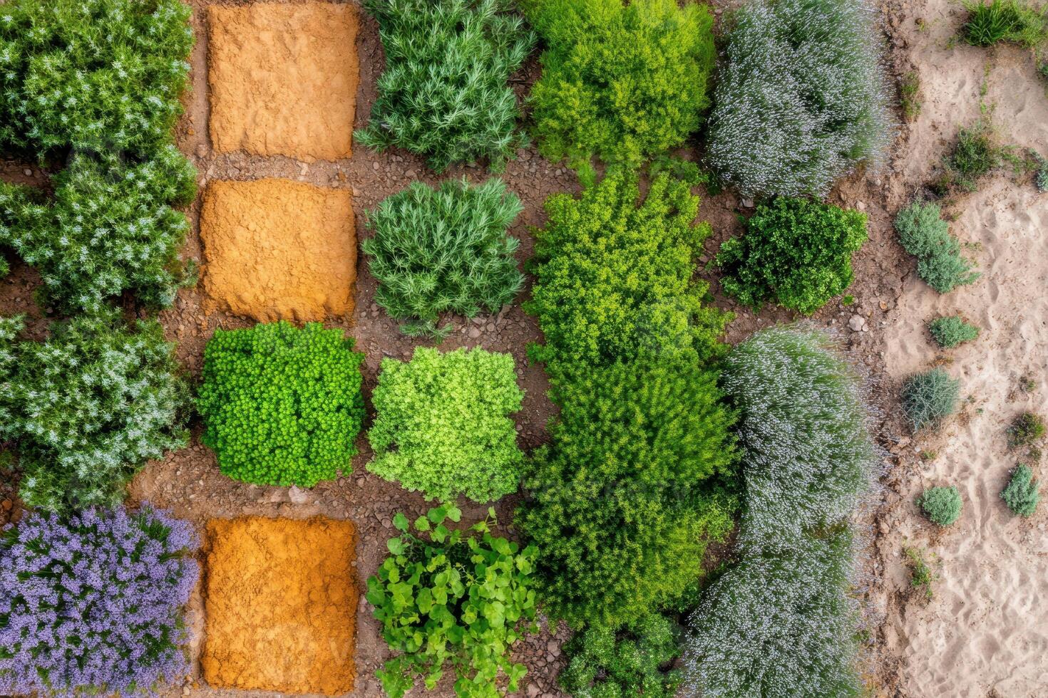 An aerial view of a garden with different plants photo