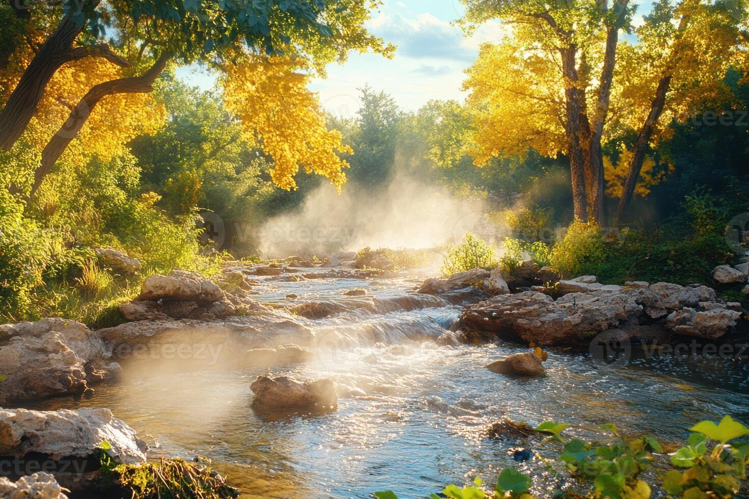 A river running through a forest with trees and rocks photo