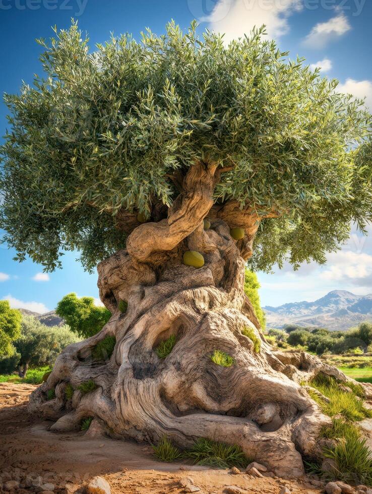 An old olive tree in the middle of a field photo