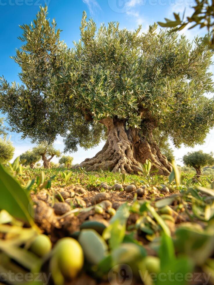 An olive tree is growing in the middle of a field photo