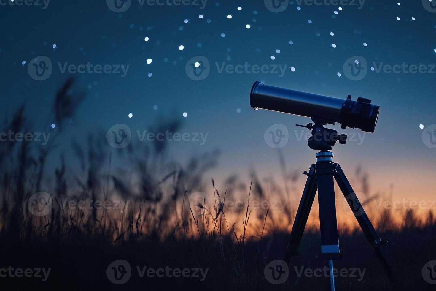 The telescope is set up in a field on a starry night to observe the night sky. Generated by artificial intelligence photo
