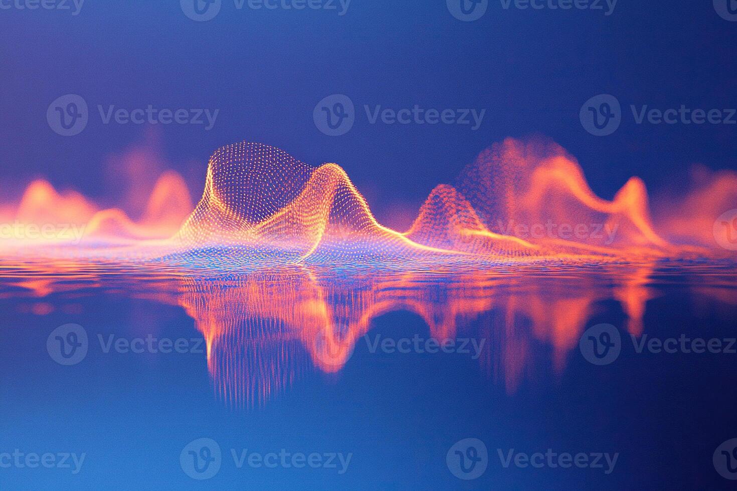 Waveform of sound spreading on blue banner background. Podcast or recording studio background. Generated by artificial intelligence photo