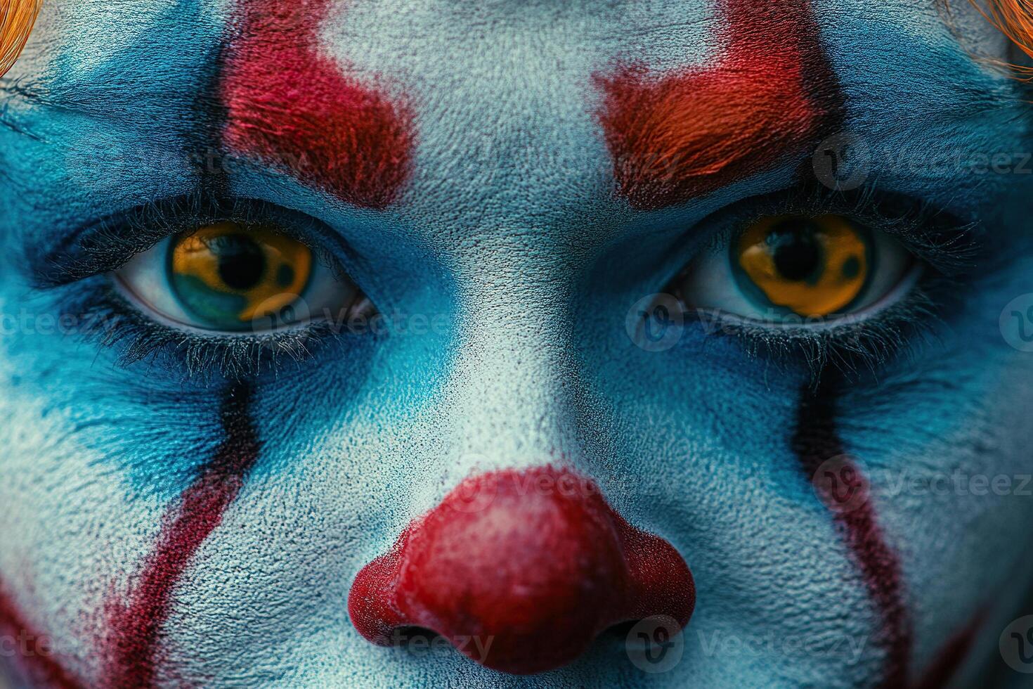 Close-up portrait of a scary clown. Circus Day, April Fools' Day, Halloween. Generated by artificial intelligence photo
