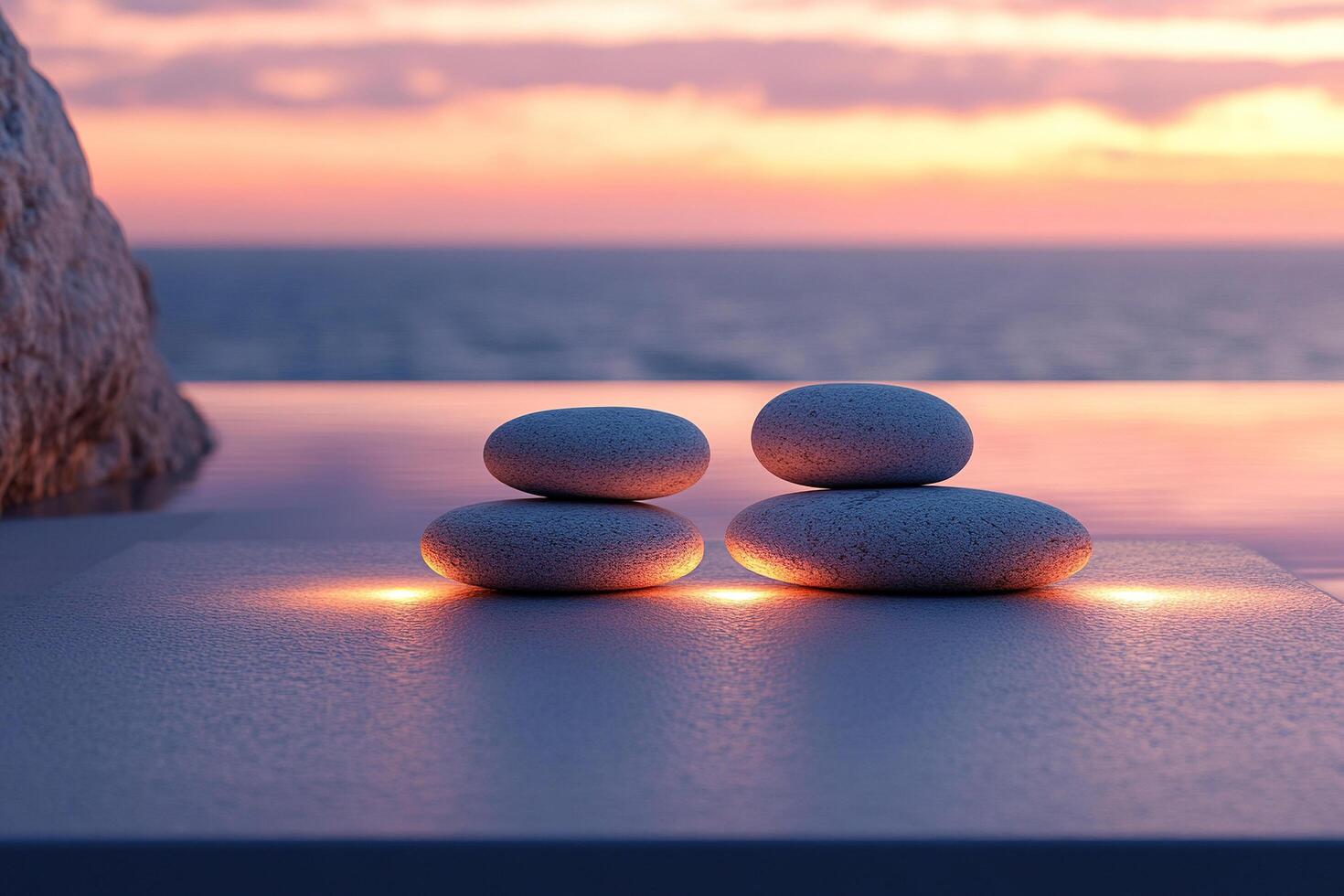 Photo of balanced smooth stones against the background of sea sunset. Concept of harmony, mental health, spa care. Generated by artificial intelligence