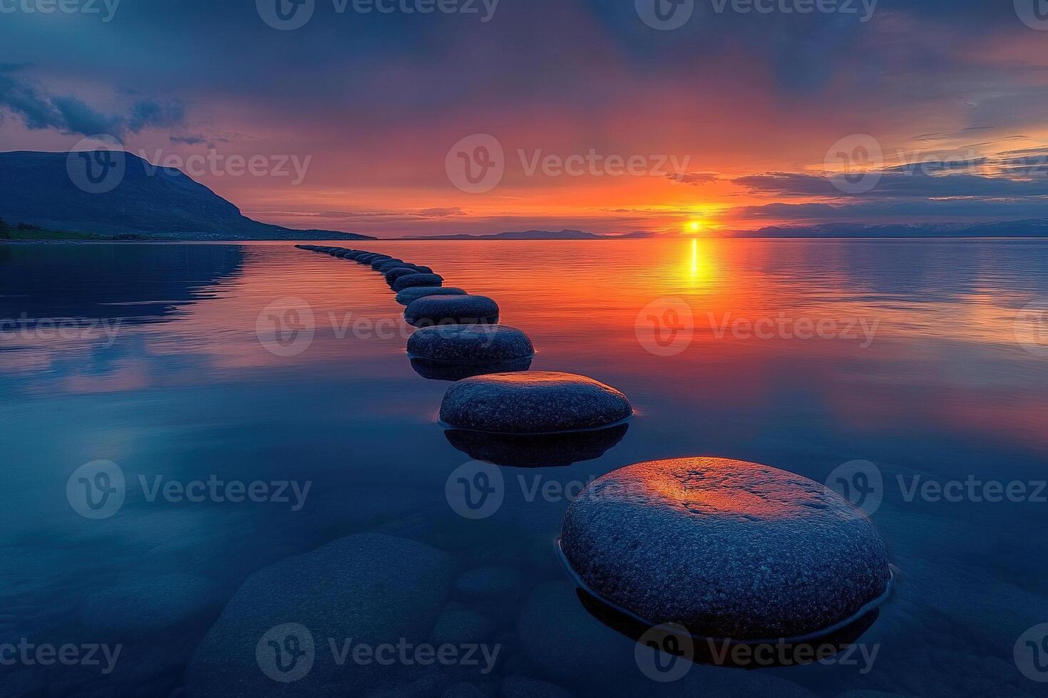 Large smooth stones lie in the sea at sunset, creating a path. The concept of harmony photo