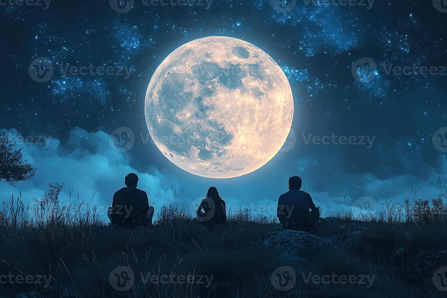 Two men and one woman watch a huge moon in the sky at night. Generated by artificial intelligence photo