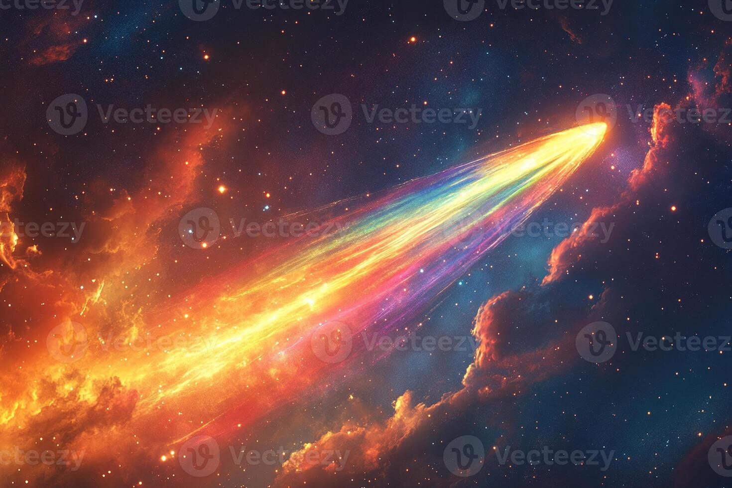 A bright flying object in the form of a comet or meteor in space. Generated by artificial intelligence photo