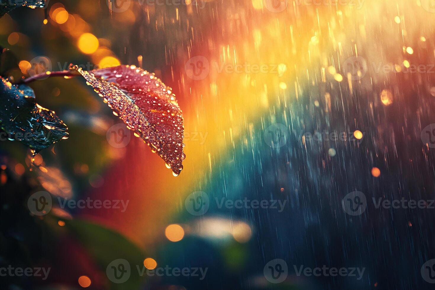 Blurred raindrops creating a rainbow bokeh effect with a blurred green background and young leaves. Generated by artificial intelligence photo