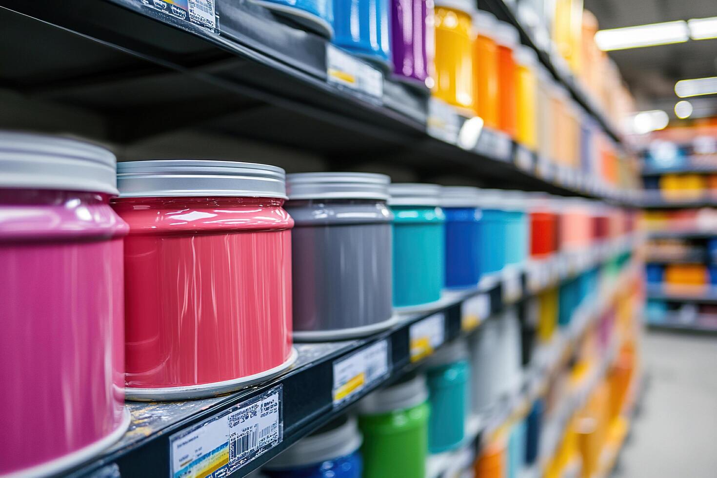 Shelves of a hardware store with cans of colored paint. photo