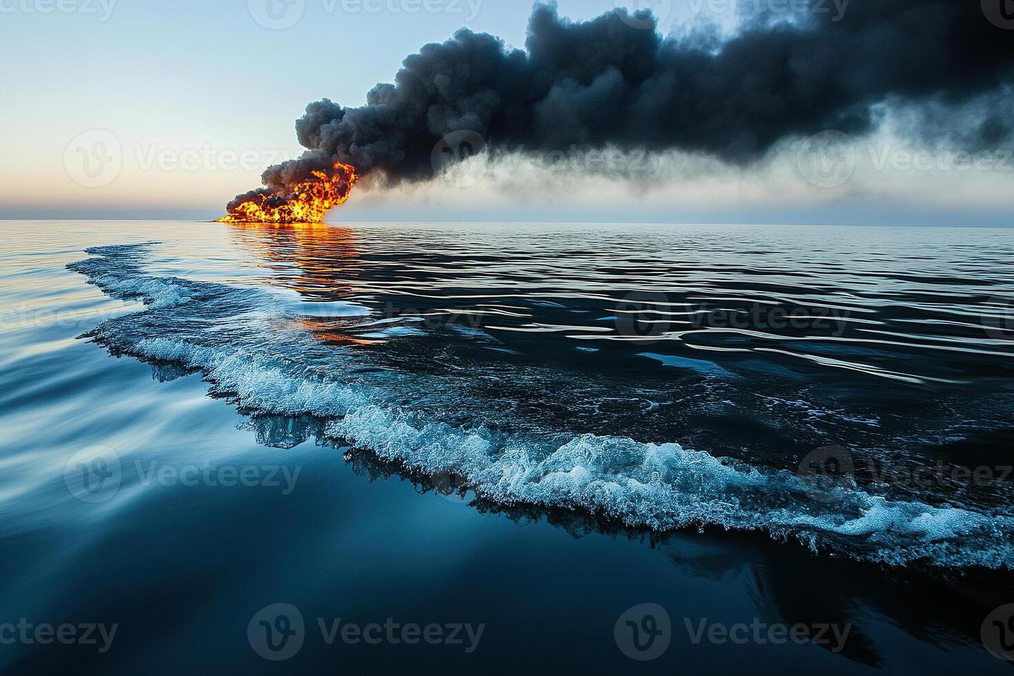 Fire and black smoke on the surface of the water. Fuel and oil fire on water. The concept of ecology and environmental pollution photo