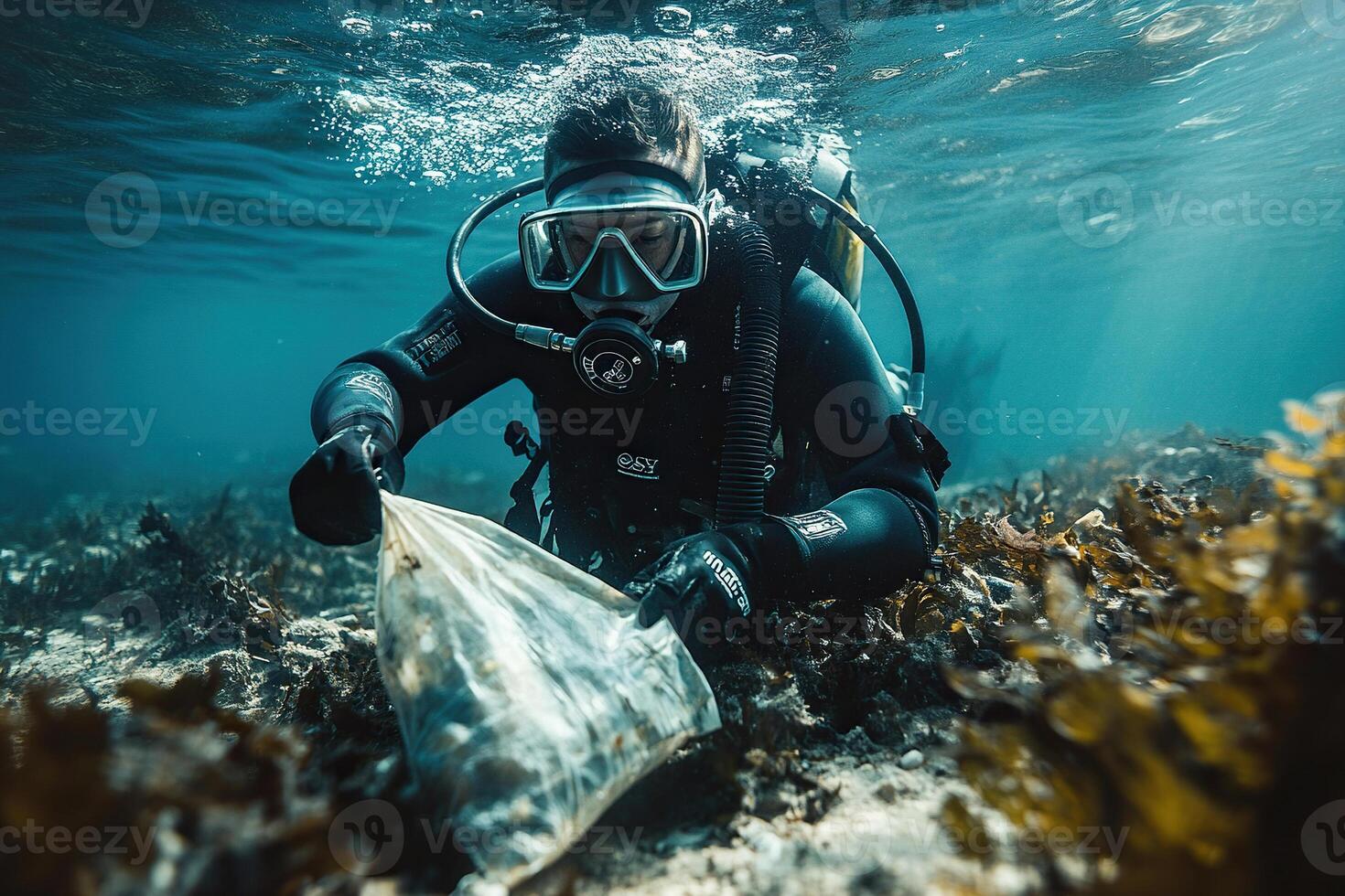 A man in a diving suit and mask collects trash from the bottom of a reservoir in a bag. Generated by artificial intelligence photo