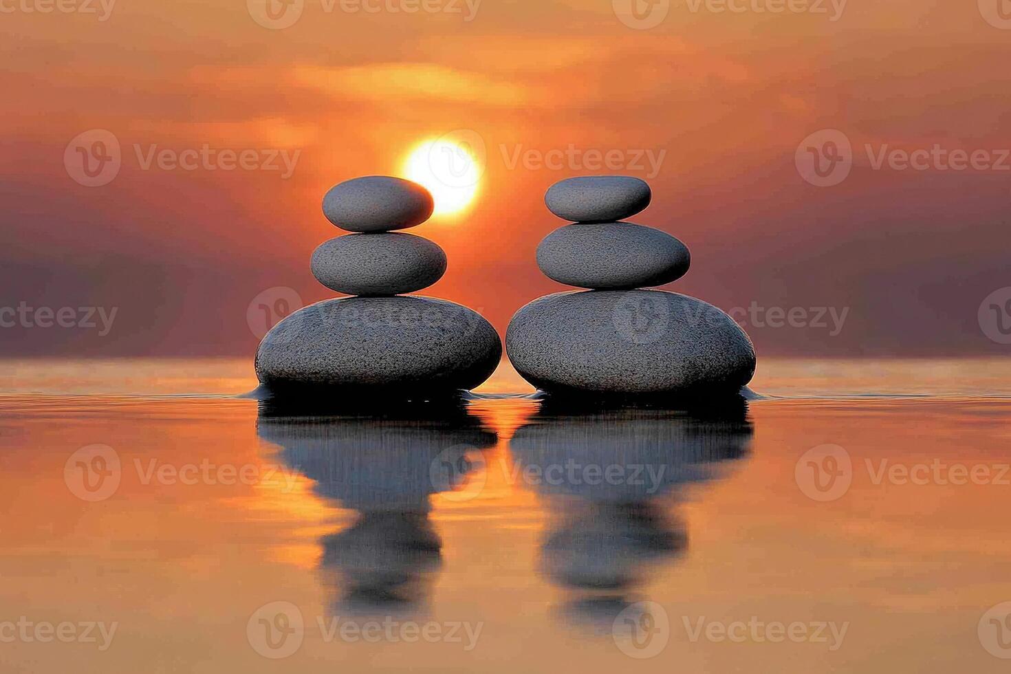 Two towers of stones stacked on top of each other on the seashore at sunset. Concept of romance and tranquility photo