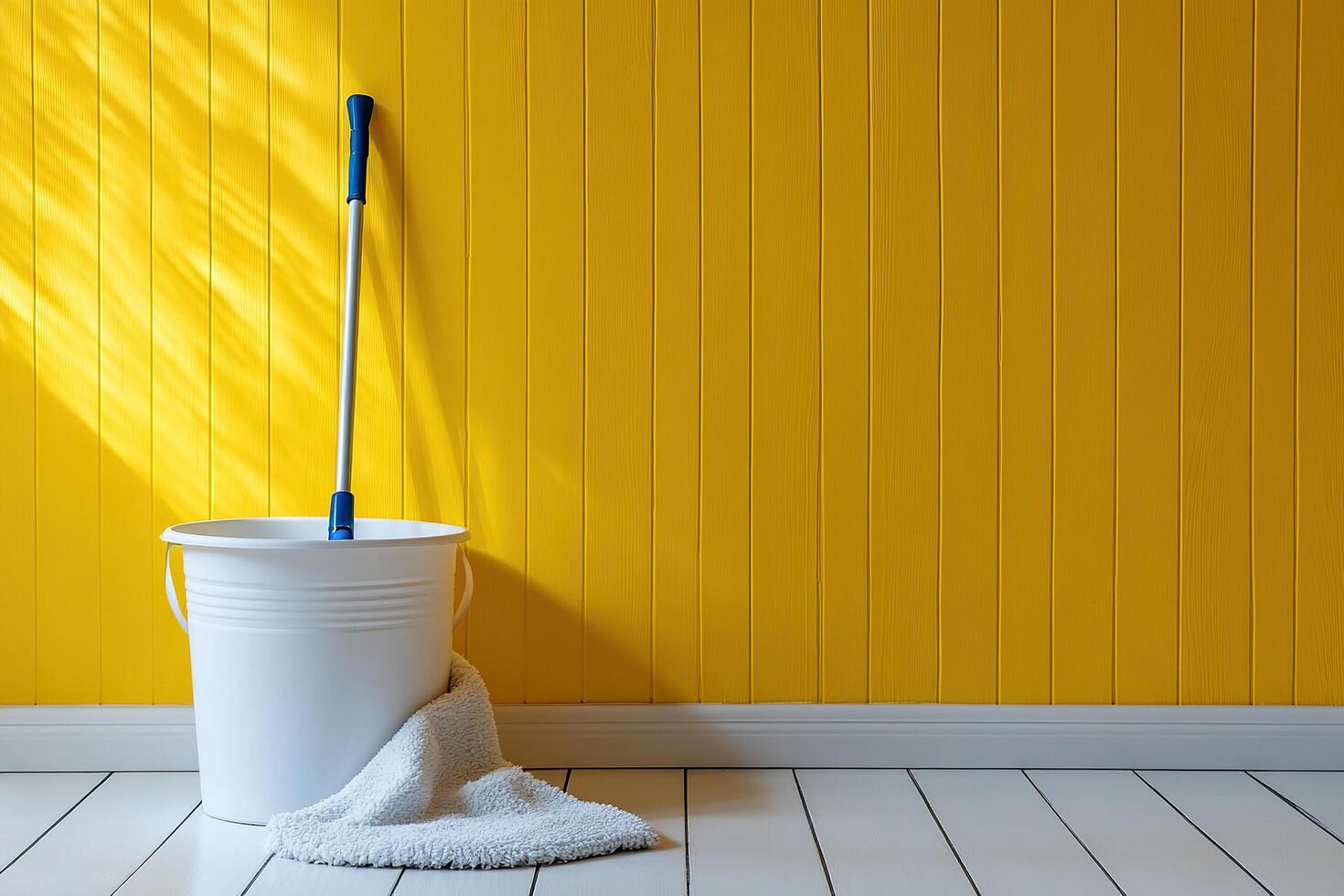 Cleaning concept. A bucket, mop and rag on the floor near a yellow wall symbolize preparation for cleaning the room. photo