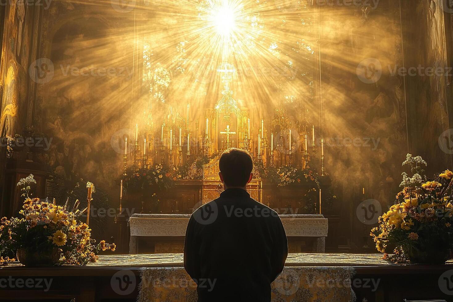 A priest in a black cassock stands before an altar bathed in sunlight. The concept of church and religion. photo