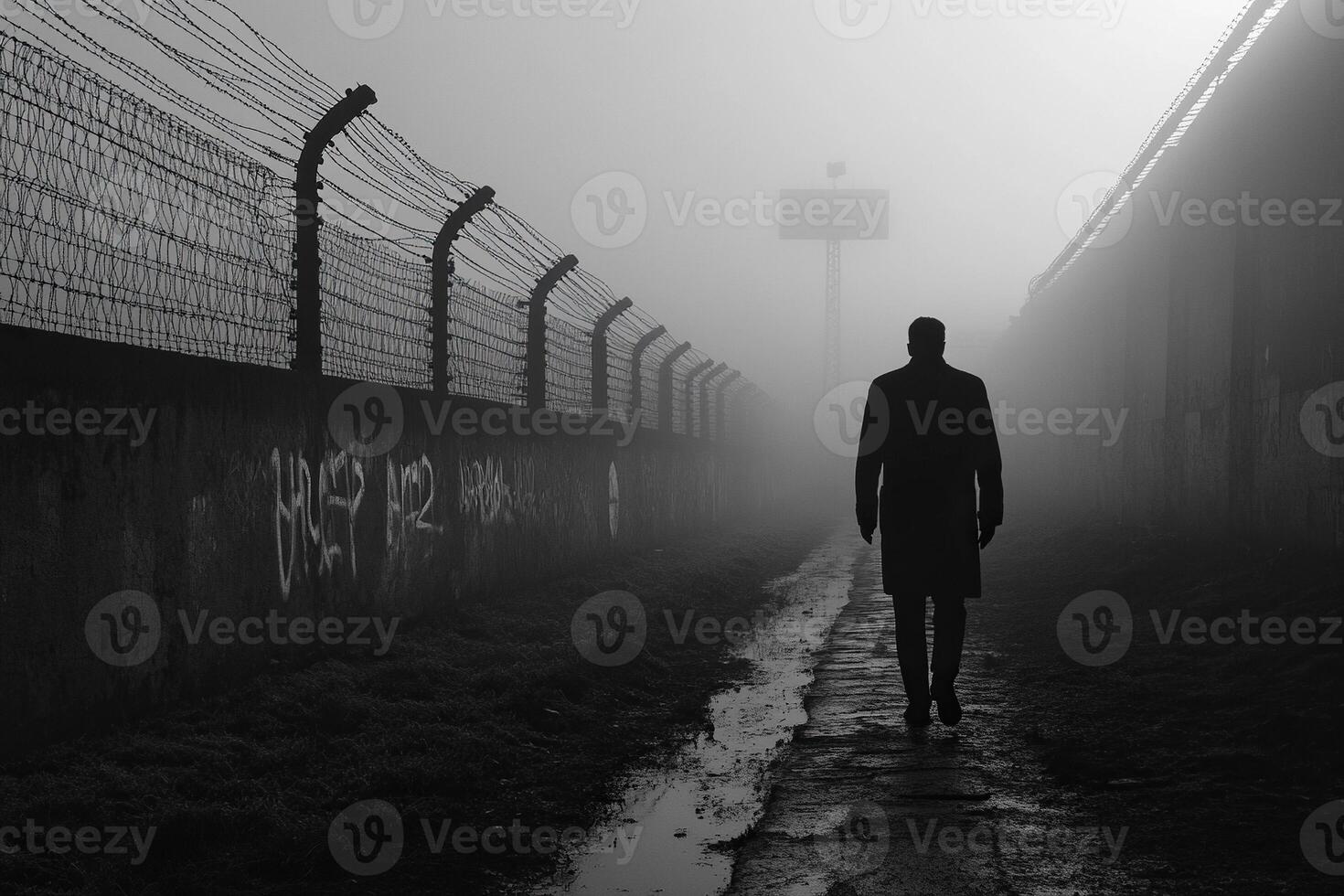 A dark silhouette of a man walking along a concentration camp with barbed wire. Holocaust. Generated by artificial intelligence photo