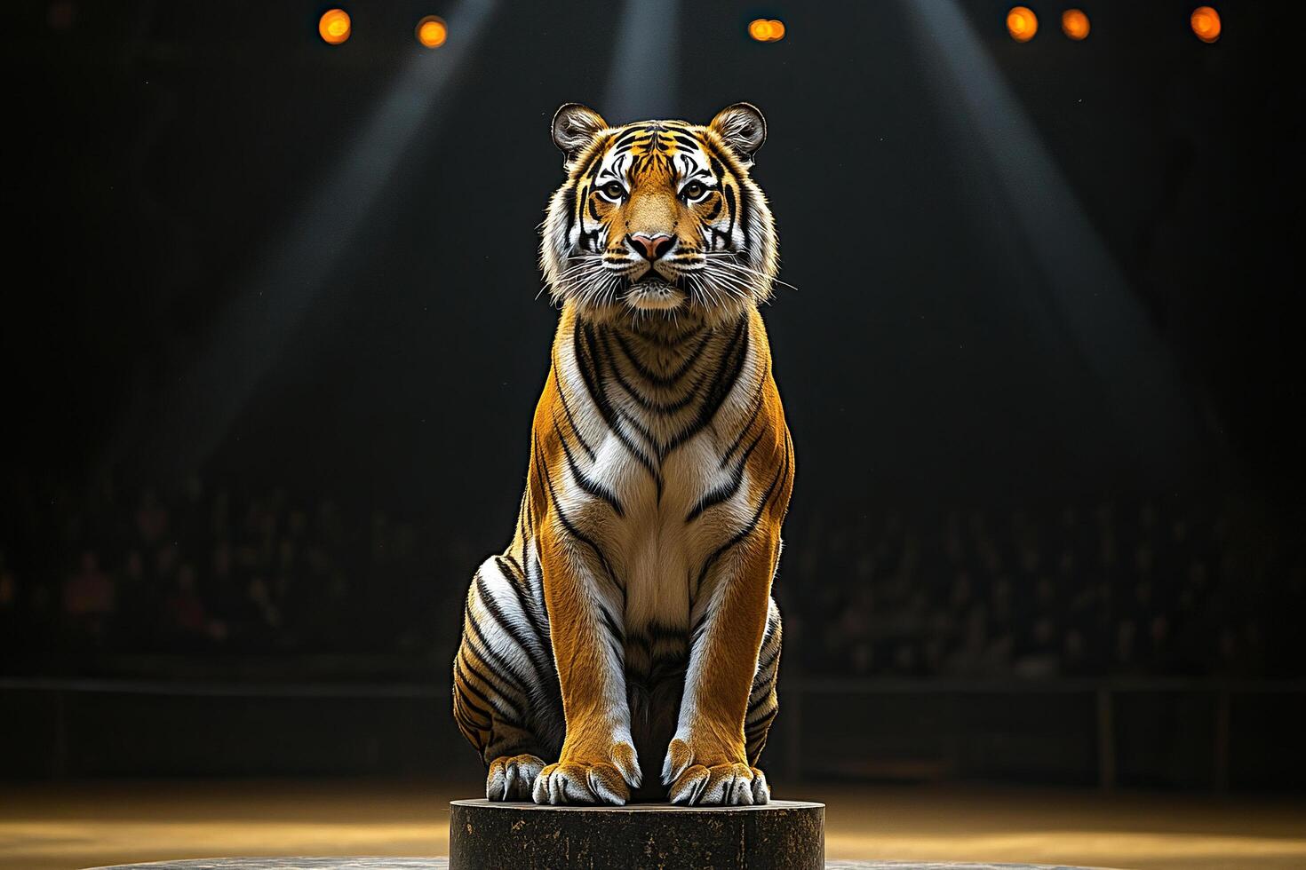A beautiful adult tiger sits on a pedestal in a circus arena under the rays of a spotlight. A tiger in a circus full of spectators in the background. photo