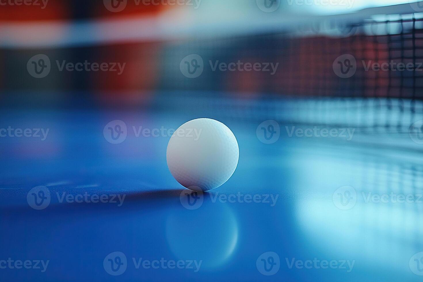 White ping pong ball lies on a blue table with a net. Table tennis background. Generated by artificial intelligence photo