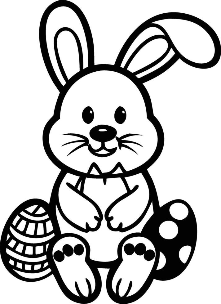 Cute Easter bunny with eggs, coloring page for kids in black and white vector